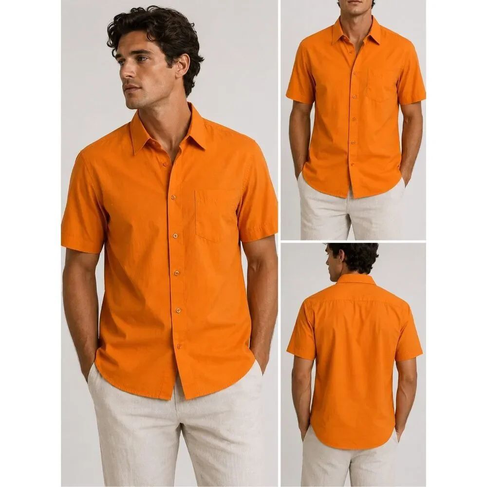 Omega Italy Orange Short Sleeve Button Up Shirt Mens S Luxury Cotton Blend